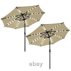 2 Set 9' FT 8-rib Patio Outdoor Aluminium Umbrella 32 Led Solar Crank Tilt Beige