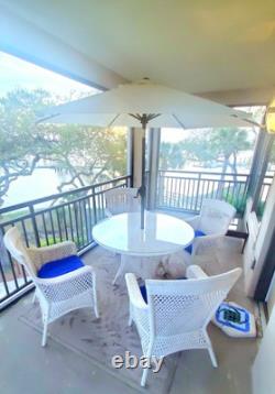 Outdoor Dining, 4 Chairs, Glass Table, Umbrella, Wicker Style over Aluminum