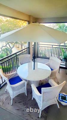 Outdoor Dining, 4 Chairs, Glass Table, Umbrella, Wicker Style over Aluminum
