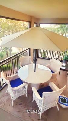 Outdoor Dining, 4 Chairs, Glass Table, Umbrella, Wicker Style over Aluminum