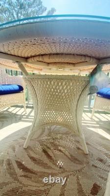 Outdoor Dining, 4 Chairs, Glass Table, Umbrella, Wicker Style over Aluminum