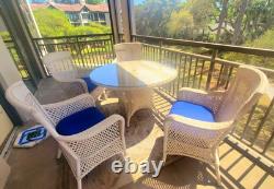 Outdoor Dining, 4 Chairs, Glass Table, Umbrella, Wicker Style over Aluminum