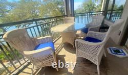 Outdoor Dining, 4 Chairs, Glass Table, Umbrella, Wicker Style over Aluminum