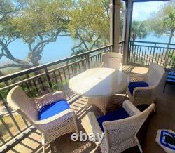 Outdoor Dining, 4 Chairs, Glass Table, Umbrella, Wicker Style over Aluminum