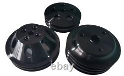Sbc Black Aluminum Long Water Pump 2g / Crank 3g / Power Steering 2g Pulley Set